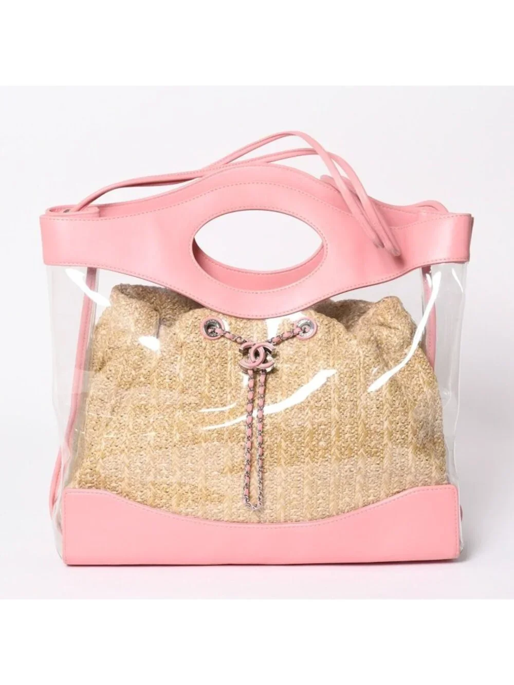 Chanel 31 Large Shopping Bag CC Logo Straw Leather Vinyl Pink